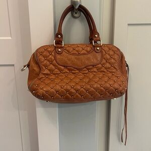 Rebecca Minkoff brown leather handbag, gold studded accents.